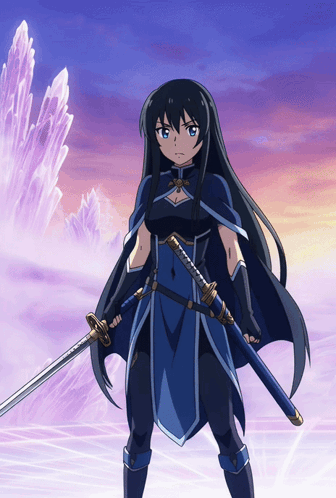 A Girl With Long Black Hair Is Holding A Sword In Front Of A Mountain GIF