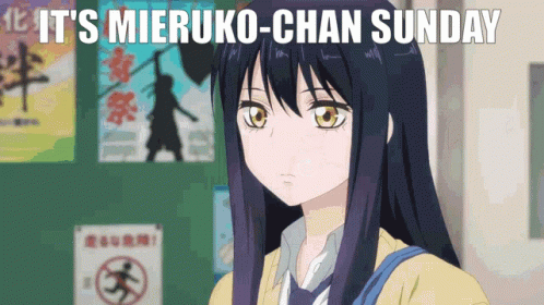 A Girl With Long Black Hair Is Standing In Front Of A Sign That Says ' It 'S Mieruko-Chan Sunday ' GIF