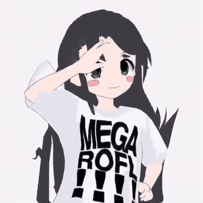 A Girl With Long Black Hair Is Wearing A Mega Rofl Shirt GIF