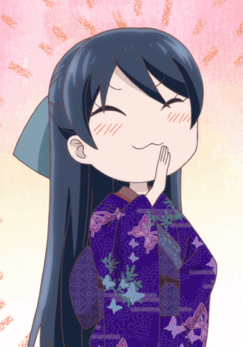A Girl With Long Black Hair Is Wearing A Purple Kimono With Butterflies GIF