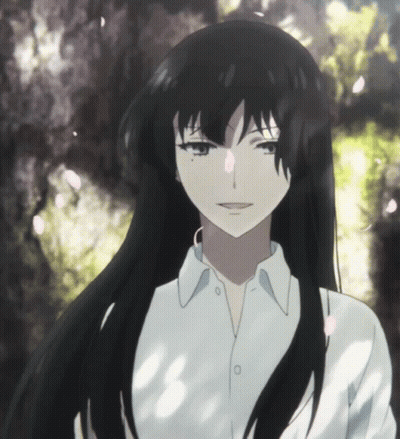 A Girl With Long Black Hair Is Wearing A White Shirt And Earrings GIF
