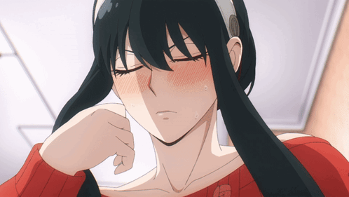 A Girl With Long Black Hair Is Wearing Headphones And A Red Sweater GIF