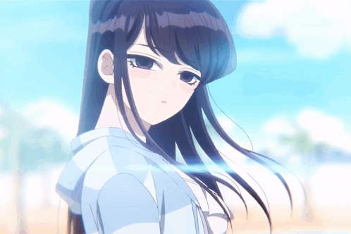 A Girl With Long Black Hair Wearing A Blue And White Striped Shirt GIF