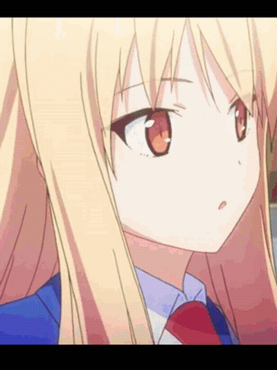 A Girl With Long Blonde Hair And Red Eyes Is Wearing A Blue Shirt And Red Tie GIF