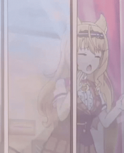 A Girl With Long Blonde Hair Is Behind A Glass Door GIF