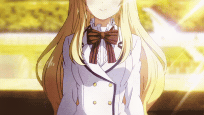 A Girl With Long Blonde Hair Is Wearing A White Jacket And A Bow Tie GIF