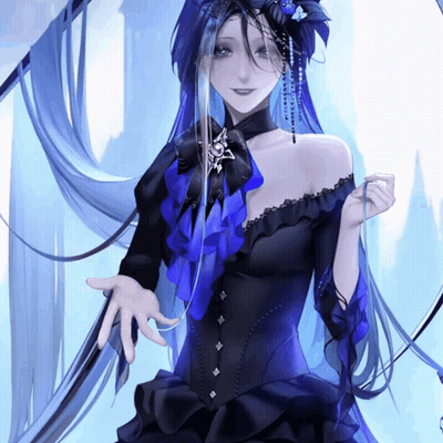 A Girl With Long Blue Hair And A Black Dress GIF