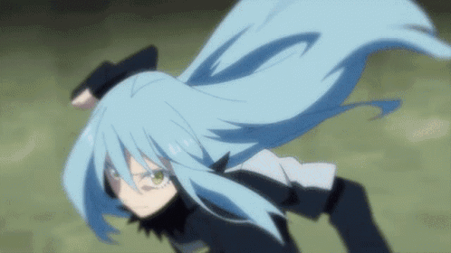 A Girl With Long Blue Hair And Green Eyes Is Standing In The Air . GIF