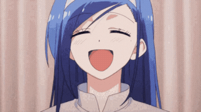 A Girl With Long Blue Hair Is Laughing With Her Mouth Open . GIF