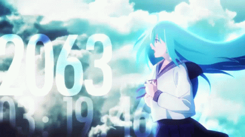 A Girl With Long Blue Hair Is Standing In Front Of A Cloudy Sky And The Number 2063 GIF