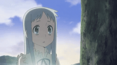 A Girl With Long Blue Hair Is Standing In Front Of A Tree . GIF
