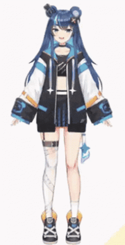 A Girl With Long Blue Hair Is Wearing A Black And White Jacket And Knee High Socks GIF