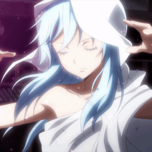 A Girl With Long Blue Hair Is Wearing A White Cloth GIF