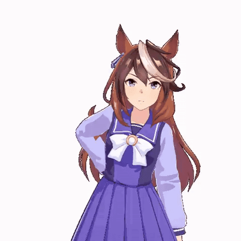 A Girl With Long Brown Hair And A Horse 'S Ears Is Wearing A Purple Dress . GIF