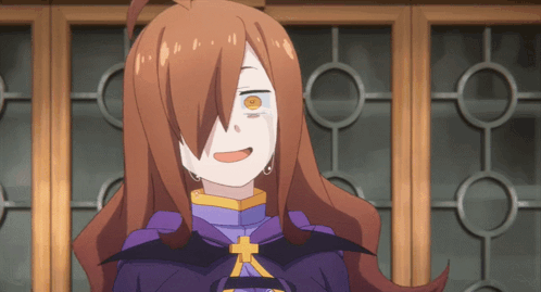 A Girl With Long Brown Hair And A Purple Cape Has A Cross Around Her Neck GIF