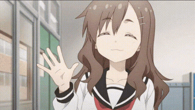 A Girl With Long Brown Hair Is Waving Her Hand In A Hallway GIF
