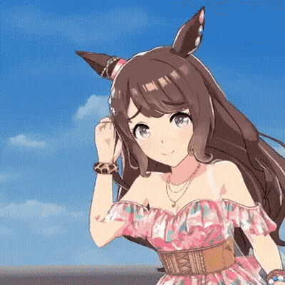 A Girl With Long Brown Hair Is Wearing A Pink Dress And A Brown Belt . GIF