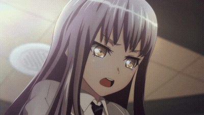 A Girl With Long Gray Hair And A White Shirt And Tie GIF