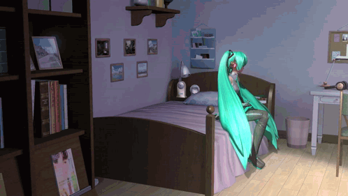 A Girl With Long Green Hair Is Sitting On A Bed In A Bedroom GIF