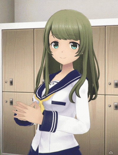 A Girl With Long Green Hair Is Standing In Front Of A Row Of Wooden Lockers GIF