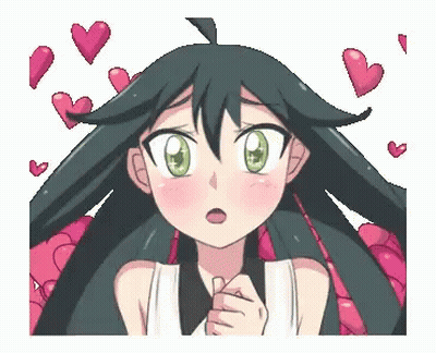 A Girl With Long Hair And Green Eyes Is Surrounded By Hearts . GIF