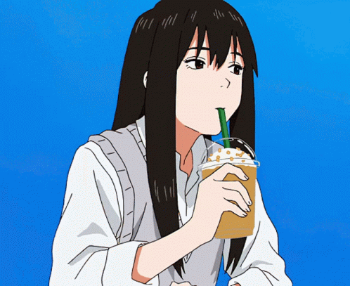 A Girl With Long Hair Is Drinking Through A Straw GIF