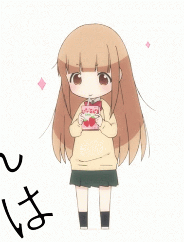 A Girl With Long Hair Is Holding A Box Of Strawberry Milk GIF