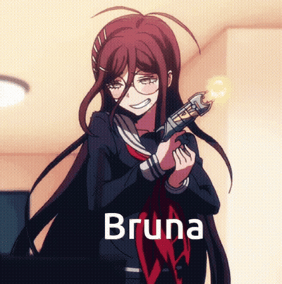 A Girl With Long Hair Is Holding A Gun And The Name Bruna Is On The Bottom GIF