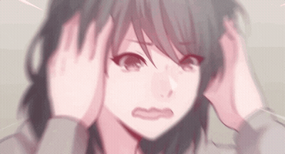 A Girl With Long Hair Is Holding Her Head With Her Hands . GIF