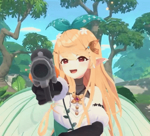 A Girl With Long Orange Hair Is Pointing A Gun GIF