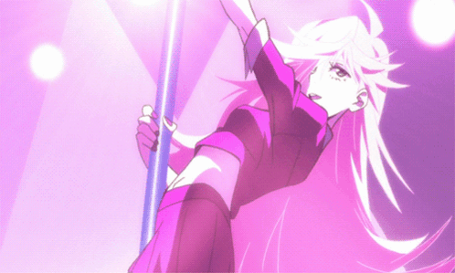 A Girl With Long Pink Hair Is Holding A Pole In Her Hand GIF