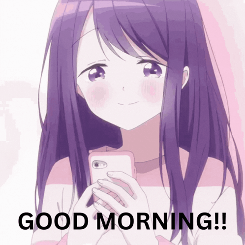 A Girl With Long Purple Hair Is Holding A Cell Phone And The Words Good Morning Are Below Her GIF