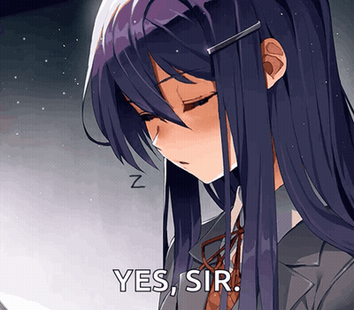 A Girl With Long Purple Hair Is Sleeping With The Words Yes Sir Written Below Her GIF