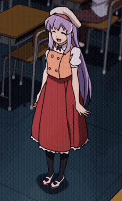 A Girl With Long Purple Hair Is Standing In A Classroom Holding A Light GIF