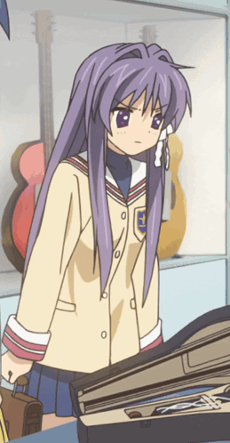 A Girl With Long Purple Hair Is Standing In Front Of A Guitar Case GIF