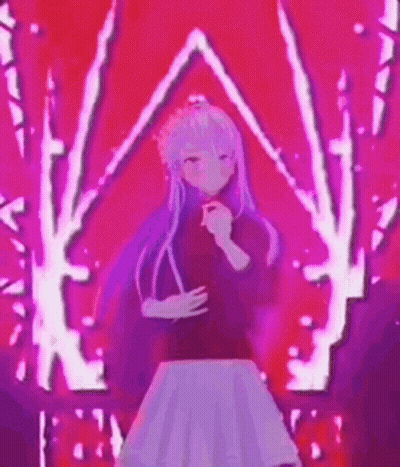 A Girl With Long Purple Hair Is Standing In Front Of A Red Background With Trees In The Background . GIF
