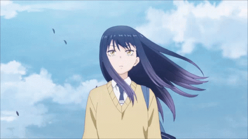 A Girl With Long Purple Hair Is Wearing A Yellow Sweater And Tie GIF