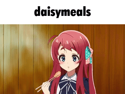 A Girl With Long Red Hair Is Eating Something With Chopsticks And The Words Daisymeals Are Above Her GIF