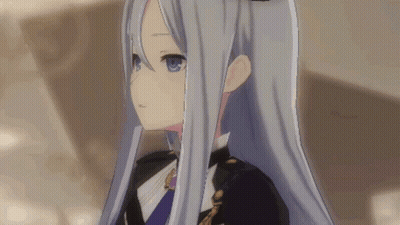 A Girl With Long White Hair And Blue Eyes Is Wearing A Black Suit . GIF