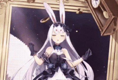 A Girl With Long White Hair And Bunny Ears Is Standing In Front Of A Clock GIF
