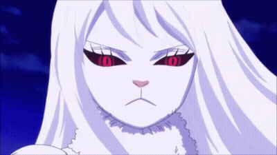A Girl With Long White Hair And Red Eyes Is Looking At The Camera . GIF