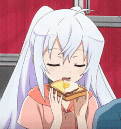 A Girl With Long White Hair Is Eating A Piece Of Toast GIF