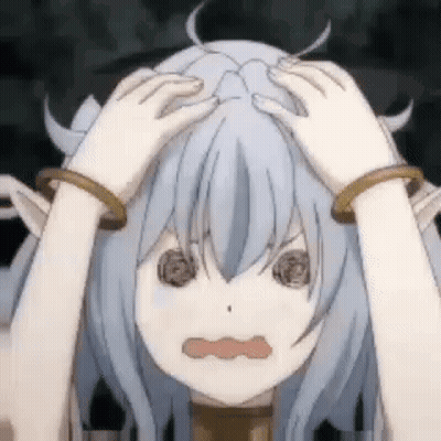 A Girl With Long White Hair Is Holding Her Head In Her Hands . GIF