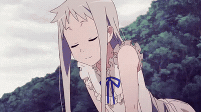 A Girl With Long White Hair Is Laying Down With Her Eyes Closed And A Blue Bow Around Her Neck . GIF
