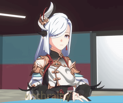 A Girl With Long White Hair Is Sitting At A Table In Front Of A Sign That Says " Thrain " GIF