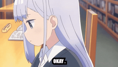 A Girl With Long White Hair Is Sitting At A Table With Okay Written On The Bottom GIF