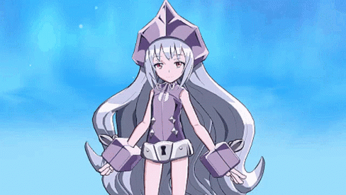 A Girl With Long White Hair Is Wearing A Purple Costume GIF