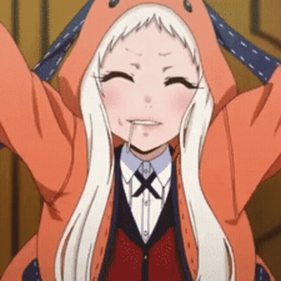 A Girl With Long White Hair Is Wearing An Orange Hoodie And A Suit . GIF