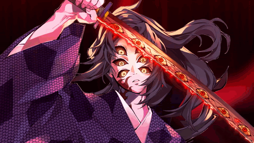 A Girl With Many Eyes Is Holding A Sword With A Red Blade GIF