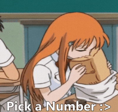 A Girl With Orange Hair Is Hugging A Brown Bag With The Words Pick A Number > GIF